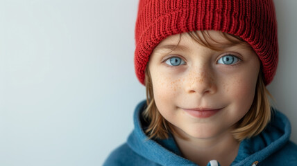Child in red beanie and blue jacket smiling