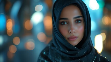 Beautiful muslim woman on futuristic background