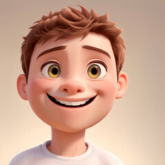 3D character: close-up of a cheerful and happy boy's face. Image generated by AI.