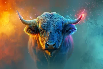 Selbstklebende Fototapeten Portrait face of bull by colorful light © Ekaterina Shvaygert