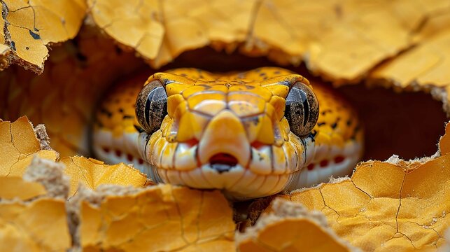 A close-up photograph capturing an attentive snake slithering through torn yellow paper, emphasizing curiosity and discovery