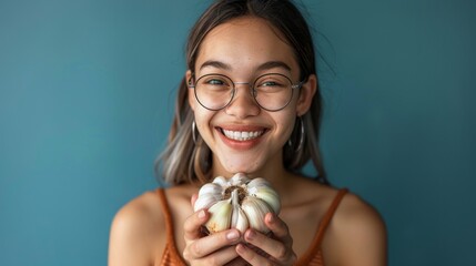 Young girl holding garlic smiling happy and positive, - Powered by Adobe