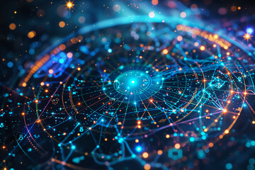 Obraz premium Astrological natal chart, glowing with neon light of some power against a backdrop of stars and constellations in space and universe