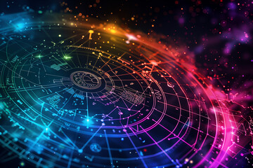Obraz premium Astrological natal chart, glowing with neon light of some power against a backdrop of stars and constellations in space