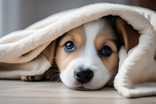 Cute Puppy Peeking Out from Cozy a Blanket