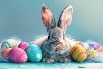 Fototapeta na wymiar cute Easter bunny with colorful Easter eggs on a monochrome blue background