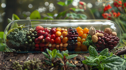 Vitamin supplement capsule designed with a miniature world of fruits, vegetables, nuts, and beans encapsulated within