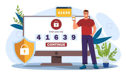 Enter otp concept. Man with smartphone near computer code. Security system for personal data protection. Authorization and authentication. Cartoon flat vector illustration isolated on white background