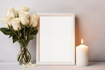 white picture frame white roses white candle bright background copy space