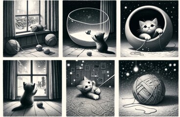 Six Illustrations of a Kitten with Yarn Balls and Imaginative Adventures
