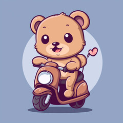  flat vector logo cute teddy bear ride scooty bike chibi kawaii style