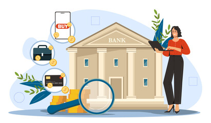 Finance services concept. Woman near banking building with magnifying glass and golden coins. Financial literacy and passive income. Savings and budget. Cartoon flat vector illustration