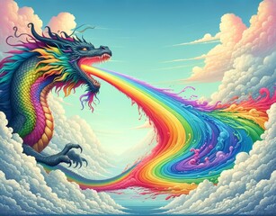 Colorful Dragon Breathing Rainbow in Cloudy Sky