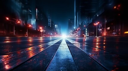 A dark street scene with reflections of neon light on wet asphalt and rays of light creates an abstract dark blue background, capturing the ambiance of the night city.