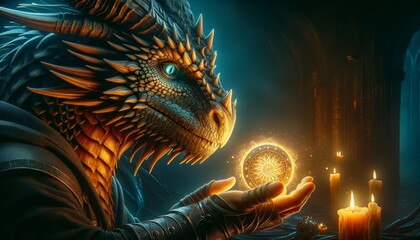 Dragon holding a magical orb in a candlelit chamber