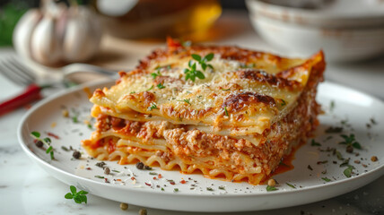 A slice of lasagna on a plate