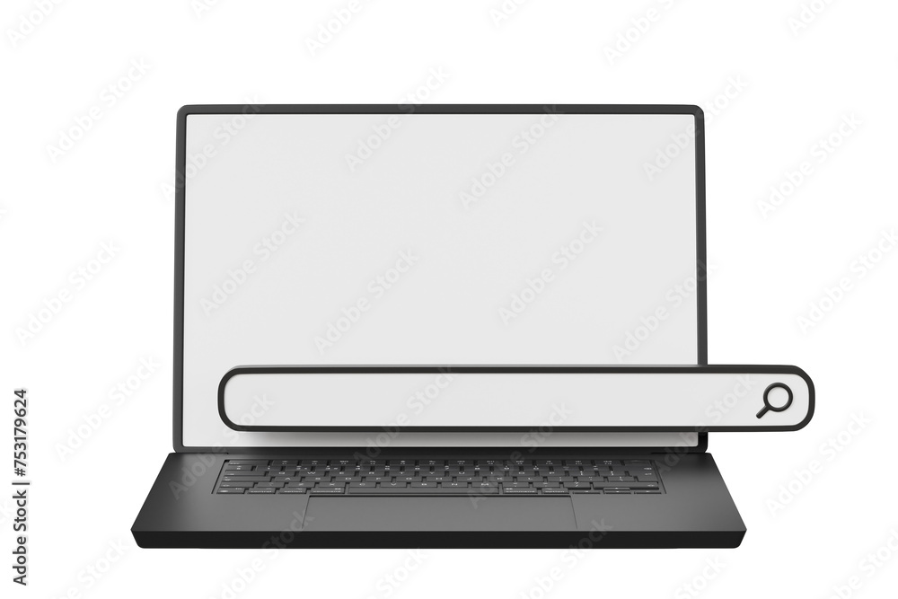Poster 3d laptop computer with search bar icon. navigation and search, seo internet marketing concept. web 
