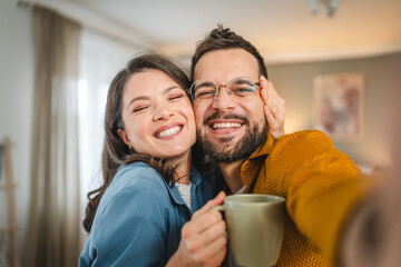 self portrait selfie of happy couple husband and wife at home