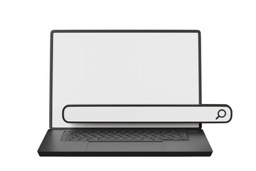 3D Laptop computer with search bar icon. Navigation and search, SEO internet marketing concept. Web browser on computer screen. Cartoon creative design icon isolated on white background. 3D Rendering.