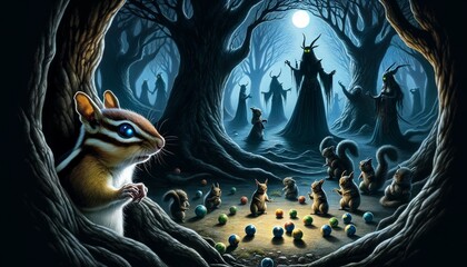 Chipmunk witnessing a mystical gathering in the forest