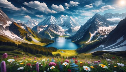 Alpine Valley with Lake and Wildflowers - obrazy, fototapety, plakaty