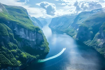 Zelfklevend Fotobehang waterfall in the mountains. Generative AI © JAEHEE