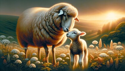 Obraz premium Sheep and Lamb in Golden Hour Light