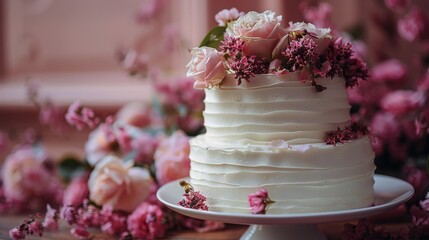 Obraz na płótnie Canvas Elegant White Wedding Cake With Pink Flowers