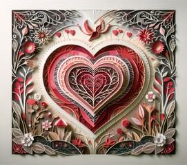 Intricate Paper Heart Art with Floral and Bird Elements