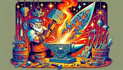 Fantasy blacksmith forging a magical sword