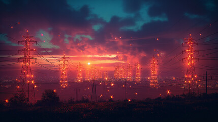 Electrical power in city. Night city background. Selective focus. Copy space. Source of electricity concept. 