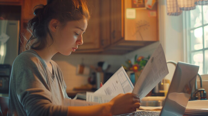 Stressed Young Woman looking at papers and bills with stressful face, Managing Finances with Laptop in Kitchen. Household budget, tax issue , late fees and penalties concept. - obrazy, fototapety, plakaty