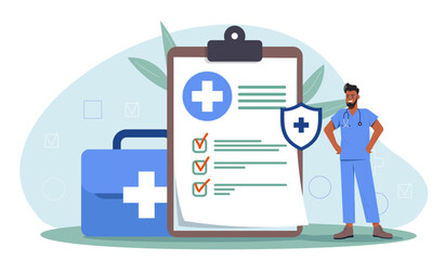 Health insurance concept. Man in medical uniform near notepad. Health care and treatment, medicine. Healthcare worker with first aid kit. Cartoon flat vector illustration isolated on white background