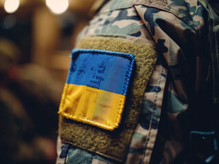 Military Patch of Ukrainian Flag on Uniform - obrazy, fototapety, plakaty