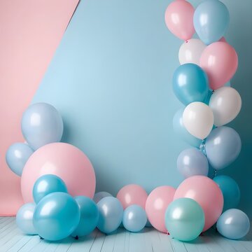 A pastel blue background decorated with balloons around it is suitable for product photos 