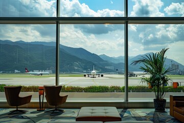 Spacious Airport Lounge Overlooking the Runway and Mountains