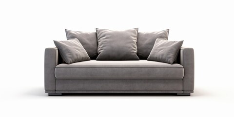 Grey sofa bed isolated on white. Upholstered loveseat with armrests and seat cushion, front view. Two-seater couch with scatter pillows. - obrazy, fototapety, plakaty