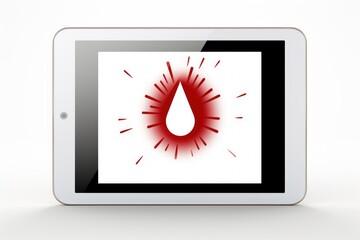 A tablet displaying a vibrant illustration of a blood drop surrounded by radiating lines, symbolizing the importance and urgency of blood donation