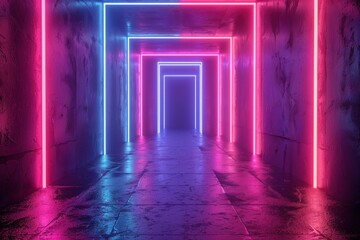 A long tunnel illuminated by neon lights, creating a colorful and futuristic ambiance. The lights...