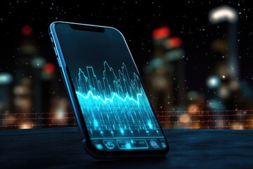Depicting a smartphone displaying a dynamic, glowing blue pulse graph, set against a dark, urban night background with blurred lights