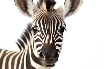 Fototapeta na wymiar Close-up of a Zebra in front of a white background. Generative Ai