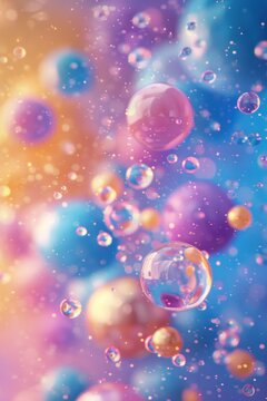 Illustration showcasing a cluster of bubbles gracefully floating upwards, reflecting vibrant colors and light, evoking a sense of wonder and enchantment