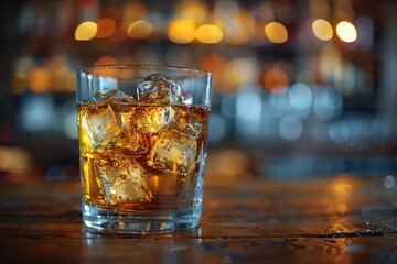 Vibrant image of whiskey, warmly illuminated, evoking a sense of festivity and good times at a bar