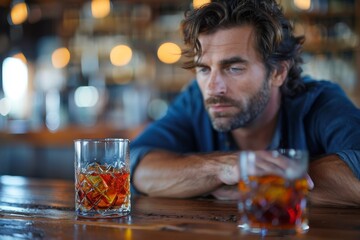 A thoughtful man sits behind a sharply focused glass of whiskey on a bar counter, pensively