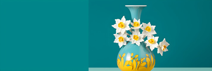 Exquisite Porcelain Vase with Embossed White Narcissus on Glossy Turquoise Background - A Nod to Ming Dynasty Art