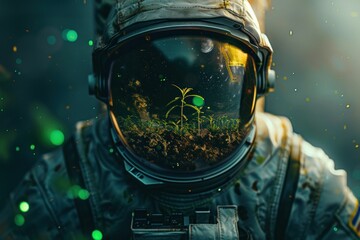 A man in a space suit stands with a plant growing out of it, showcasing a symbiotic relationship between human and nature in a unique setting