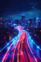 futuristic neon lights in shades of red and blue against a dark blue background, with the outline of a futuristic city skyline adding depth and dimension to the scene