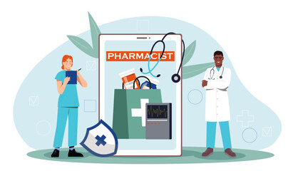 Team of pharmacist concept. Man and woman in medical uniform near bags with pills, drugs and medicines. Health care and treatment. Cartoon flat vector illustration isolated on white background