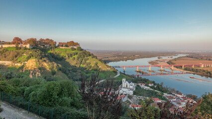 Panorama showing the Castle of Almourol on hill in Santarem aerial timelapse. Portugal