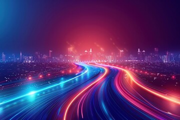 Obraz premium a futuristic cityscape by curved red and blue neon lights against a dark blue background, creating a mesmerizing interplay of light and shadow